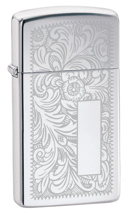 Vue de face 3/4 briquet Zippo Slim Chrome motif de fleurs vénitiennes et plaque à graver 