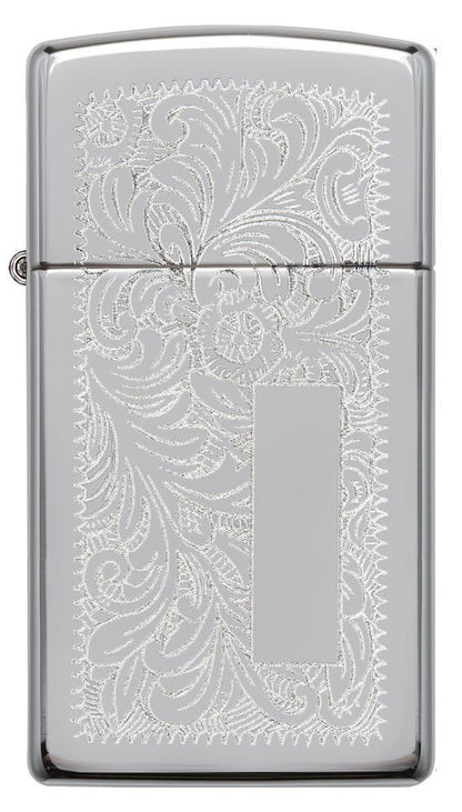 Vue de face briquet Zippo Slim Chrome motif de fleurs vénitiennes et plaque à graver