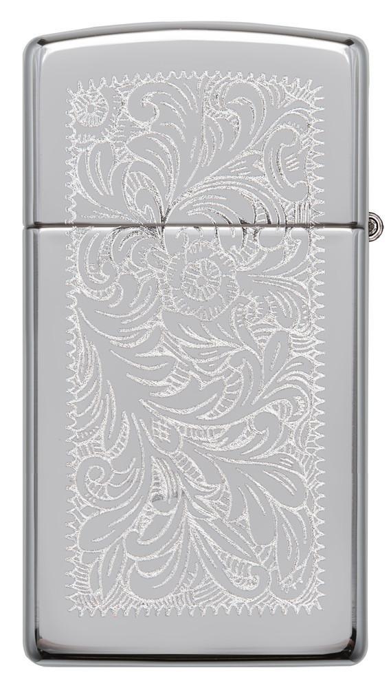 Vue de dos briquet Zippo Slim Chrome motif de fleurs vénitiennes