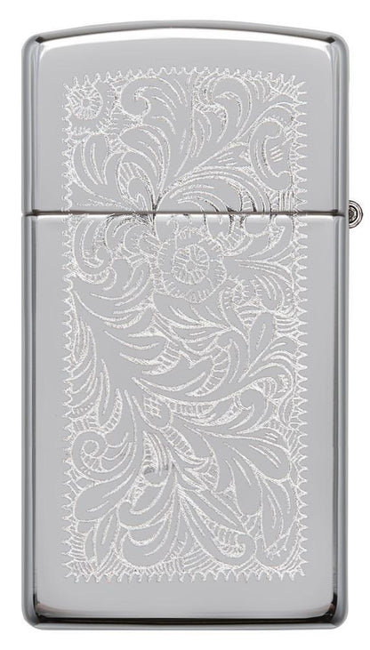 Vue de dos briquet Zippo Slim Chrome motif de fleurs vénitiennes