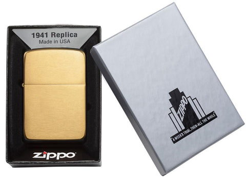 Encendedor Zippo 1941 Réplica vista frontal en latón cepillado en oro en caja de plata