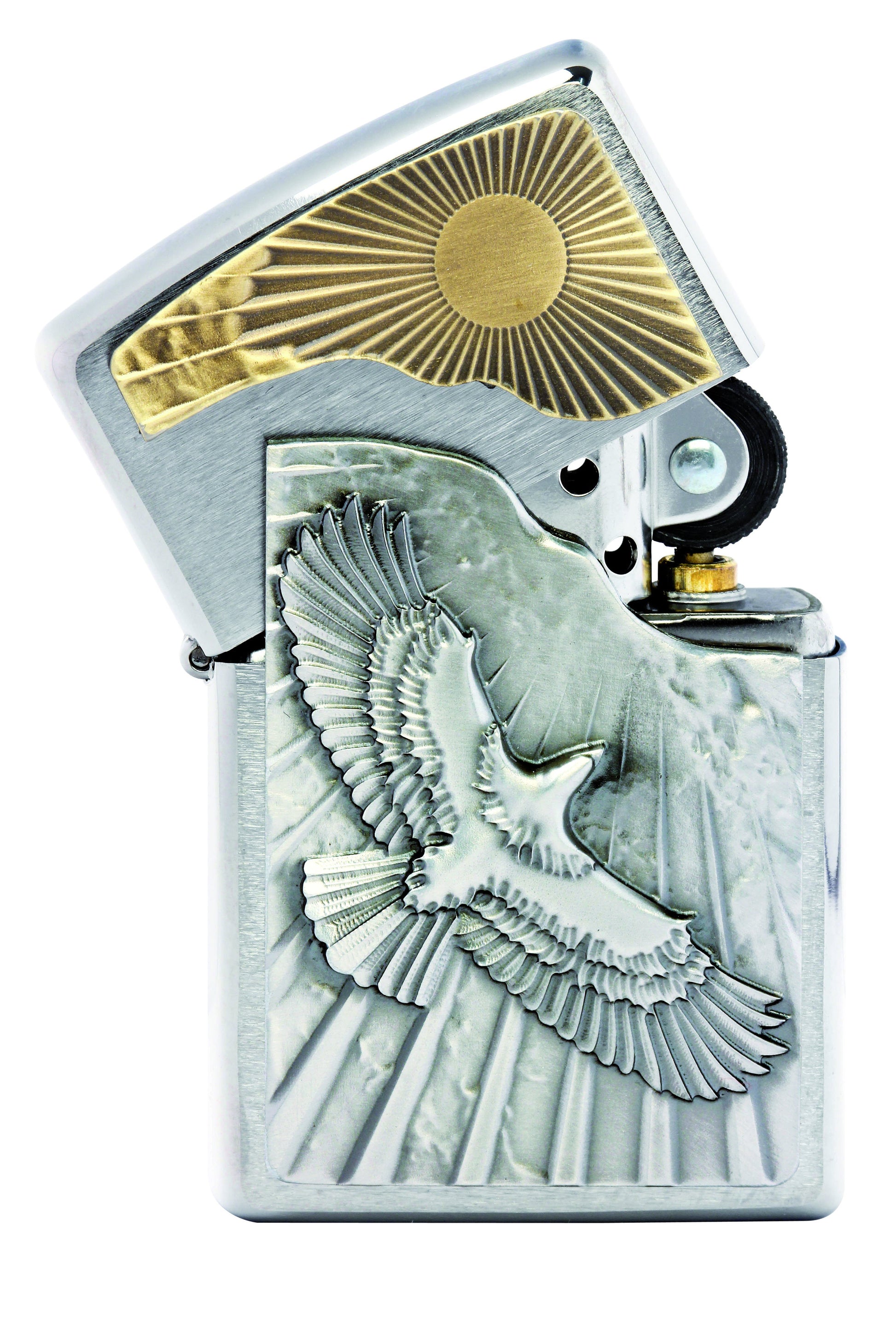 Briquet Zippo emblème aigle volant vers le soleil, ouvert