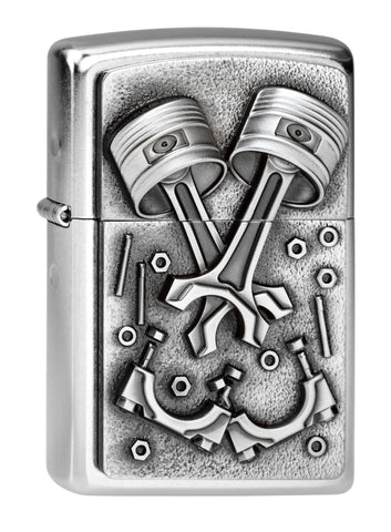 Vue de face 3/4 briquet Zippo chrome emblème pièces de moteur