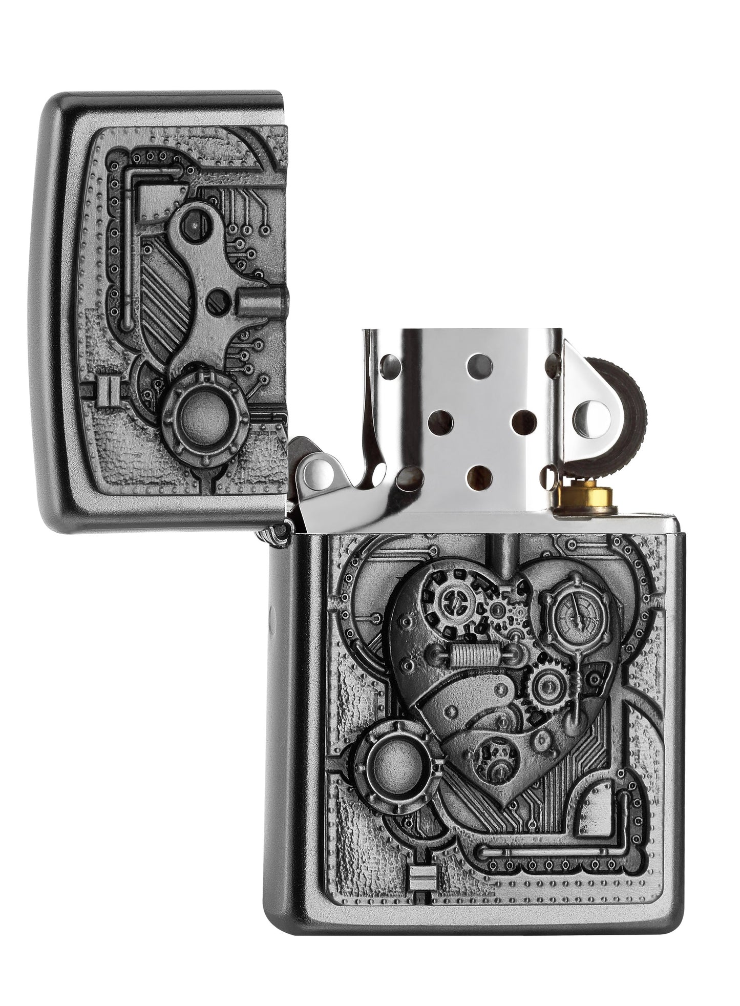 Briquet Zippo chromé emblème cœur formé d'éléMen,ts mécaniques, ouvert