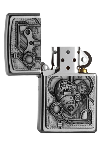 Briquet Zippo chromé emblème cœur formé d'éléMen,ts mécaniques, ouvert