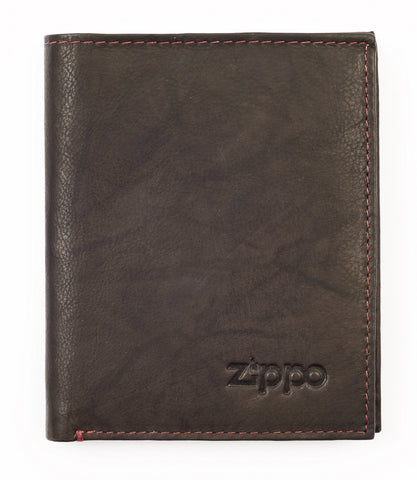 Vue de face porte-monnaie en cuir marron fermé avec logo Zippo