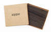 Vue de face porte-cartes de crédit vue de face brun 3 compartiMen,ts avec logo Zippo, dans une boite cadeau ouverte