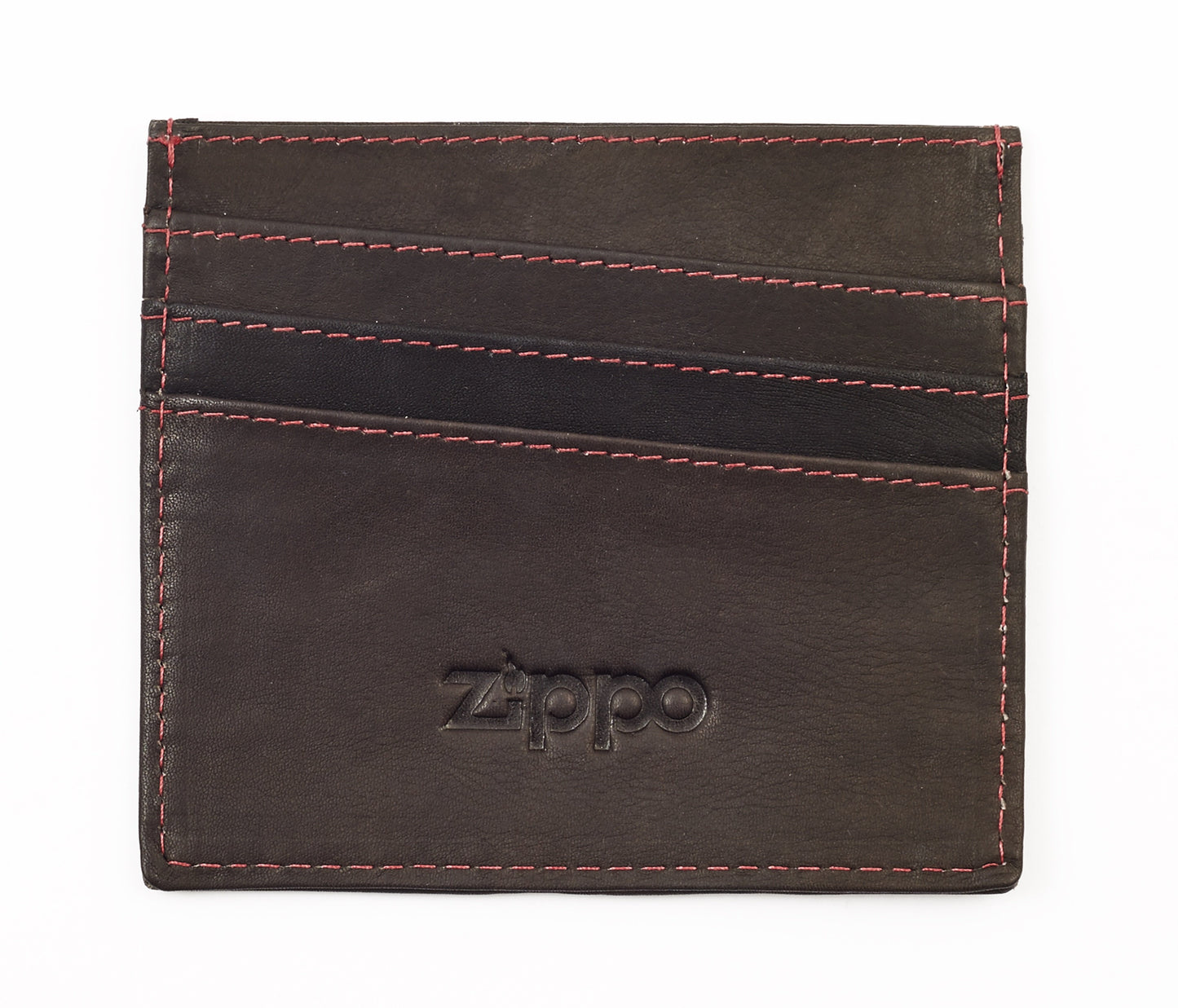 Vue de face porte-cartes de crédit vue de face brun 3 compartiMen,ts avec logo Zippo