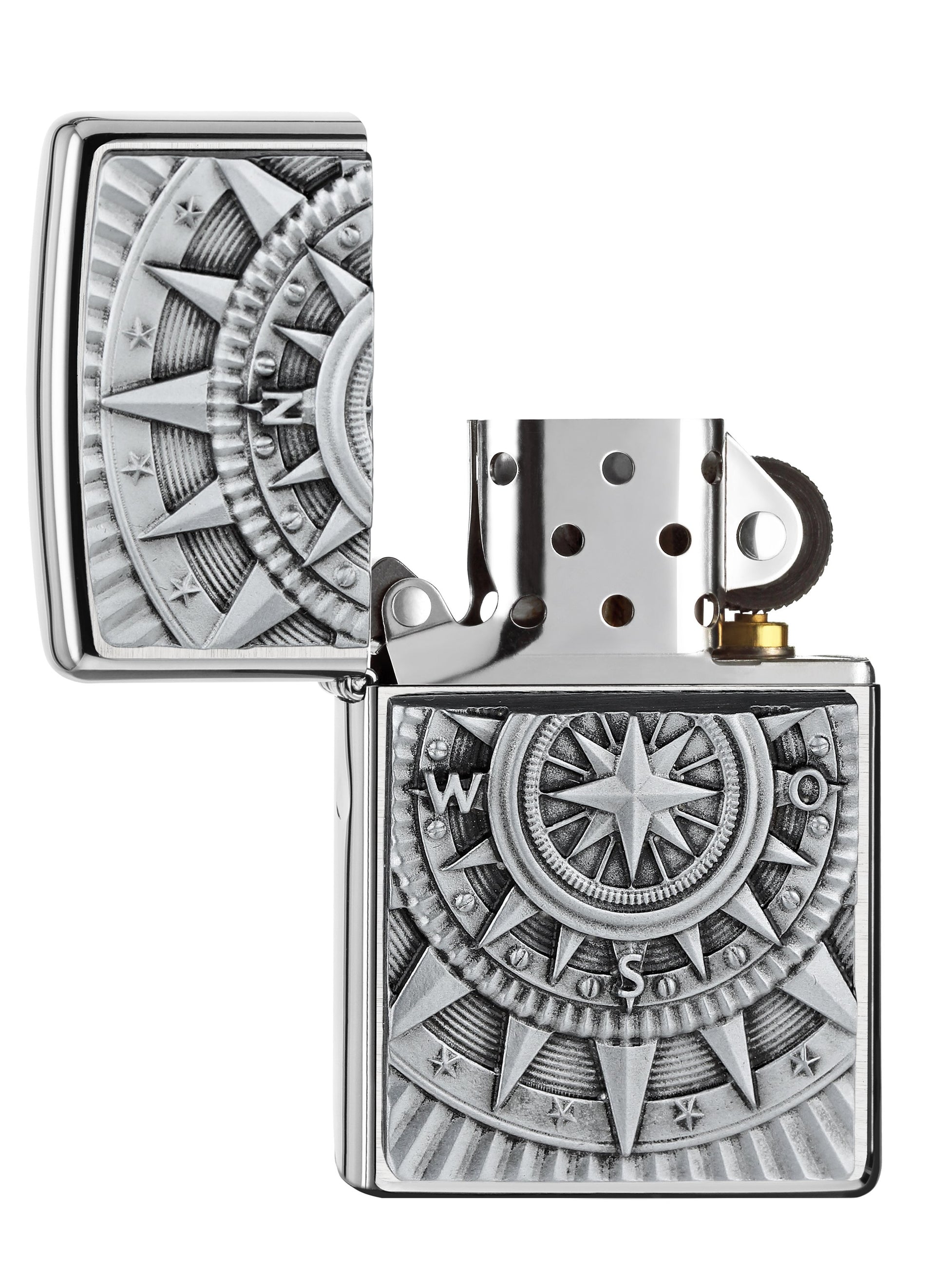 Briquet Zippo emblème boussole, ouvert
