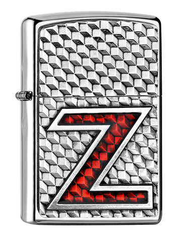 Vue de face 3/4 briquet Zippo emblème grand Z rouge