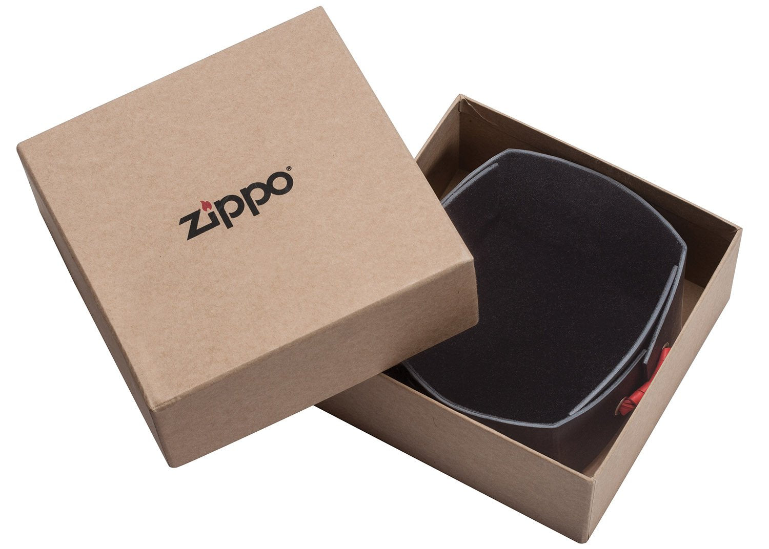 Vide-poches Zippo noir en cuir avec logo Zippo et poignées en cuir rouge, dans une boîte cadeau ouverte