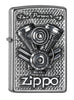 Vue de face briquet Zippo chromé avec pièces de moteur