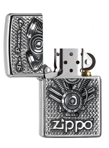 Briquet Zippo chromé avec pièces de moteur, ouvert