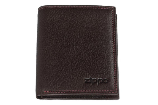 Vue de face portefeuille Zippo en cuir marron fermé avec logo Zippo
