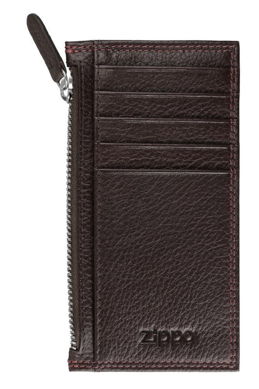 Vue de face porte-cartes marron avec poche zippée marque Zippo