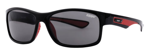 Vista frontal 3/4 gafas de sol deportivas Zippo negras y rojas