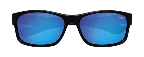 Vista frontal de las gafas de sol deportivas Zippo negras y azules