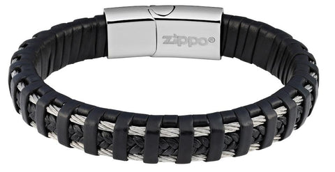 Vue de face bracelet Zippo cordons en acier inoxydable tressés de cuir