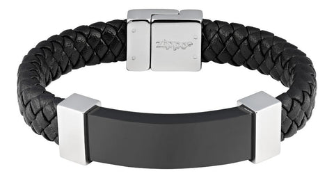 Vue de face bracelet Zippo en cuir tressé avec fermoir magnétique et inox au milieu