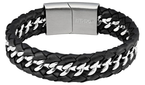 Vue de face bracelet Zippo maillons en acier inoxydable avec liens tressés en cuir