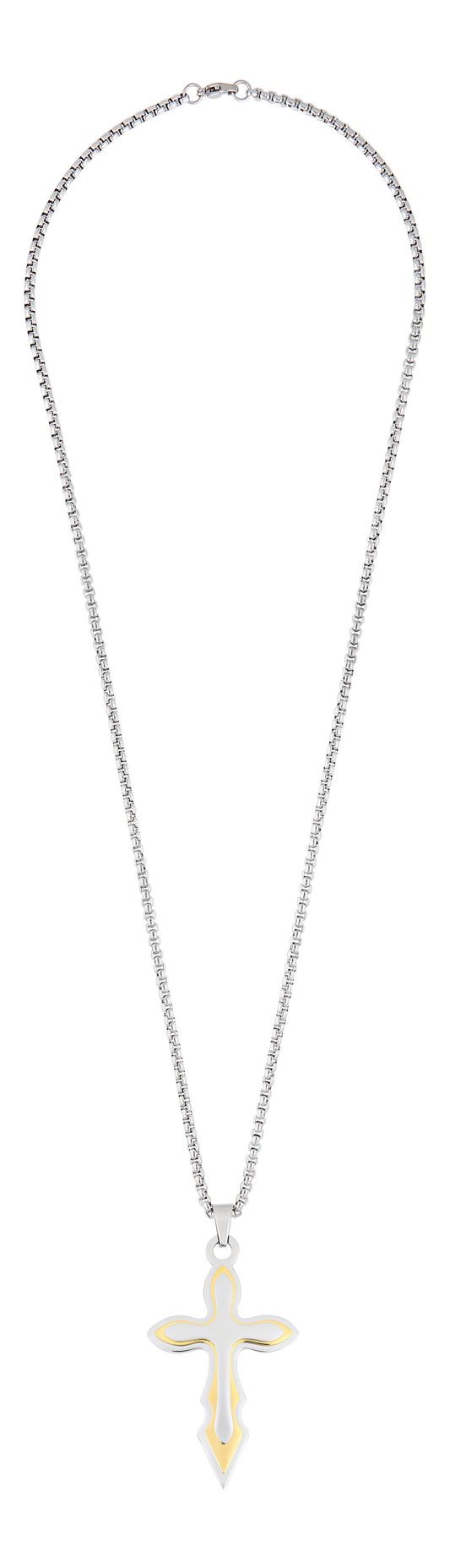 Vue de face chaîne avec pendentif croix en acier inoxydable