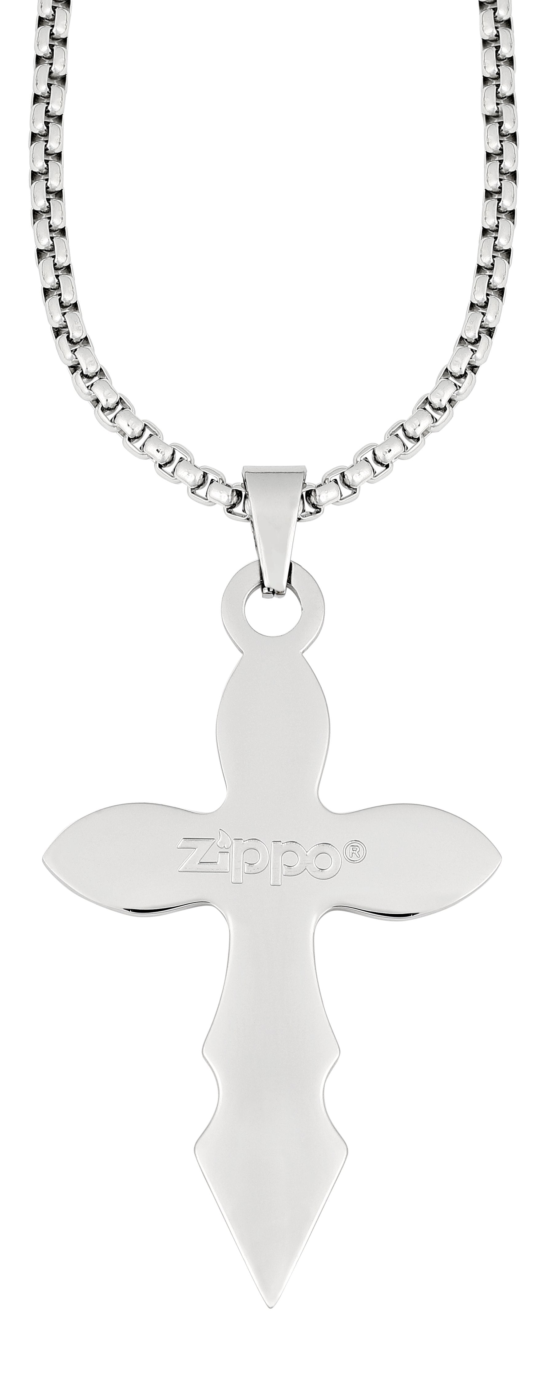 Vue de dos pendentif croix avec logo Zippo