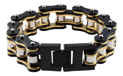 Vue de dos bracelet en forme de chaîne de moto noir argenté doré
