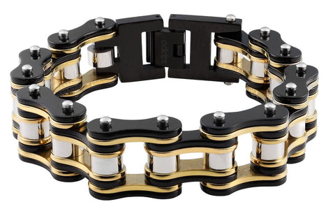 Vue de face bracelet en forme de chaîne de moto noir argenté doré