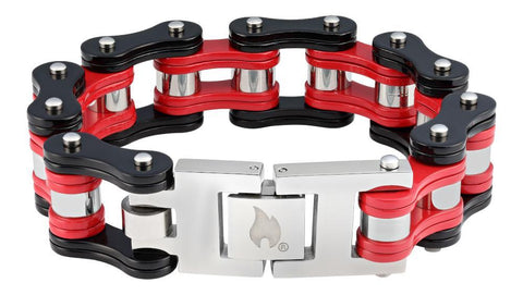 Vue de dos bracelet en forme de chaîne de moto rouge argenté noir