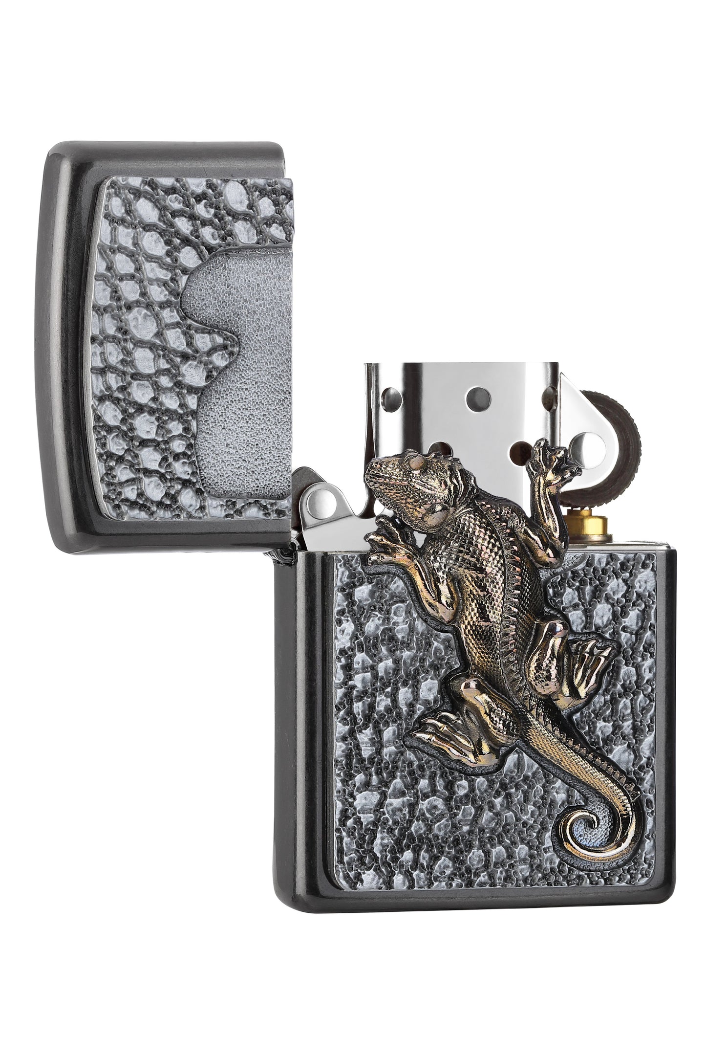 Briquet Zippo gris avec emblème gecko, ouvert