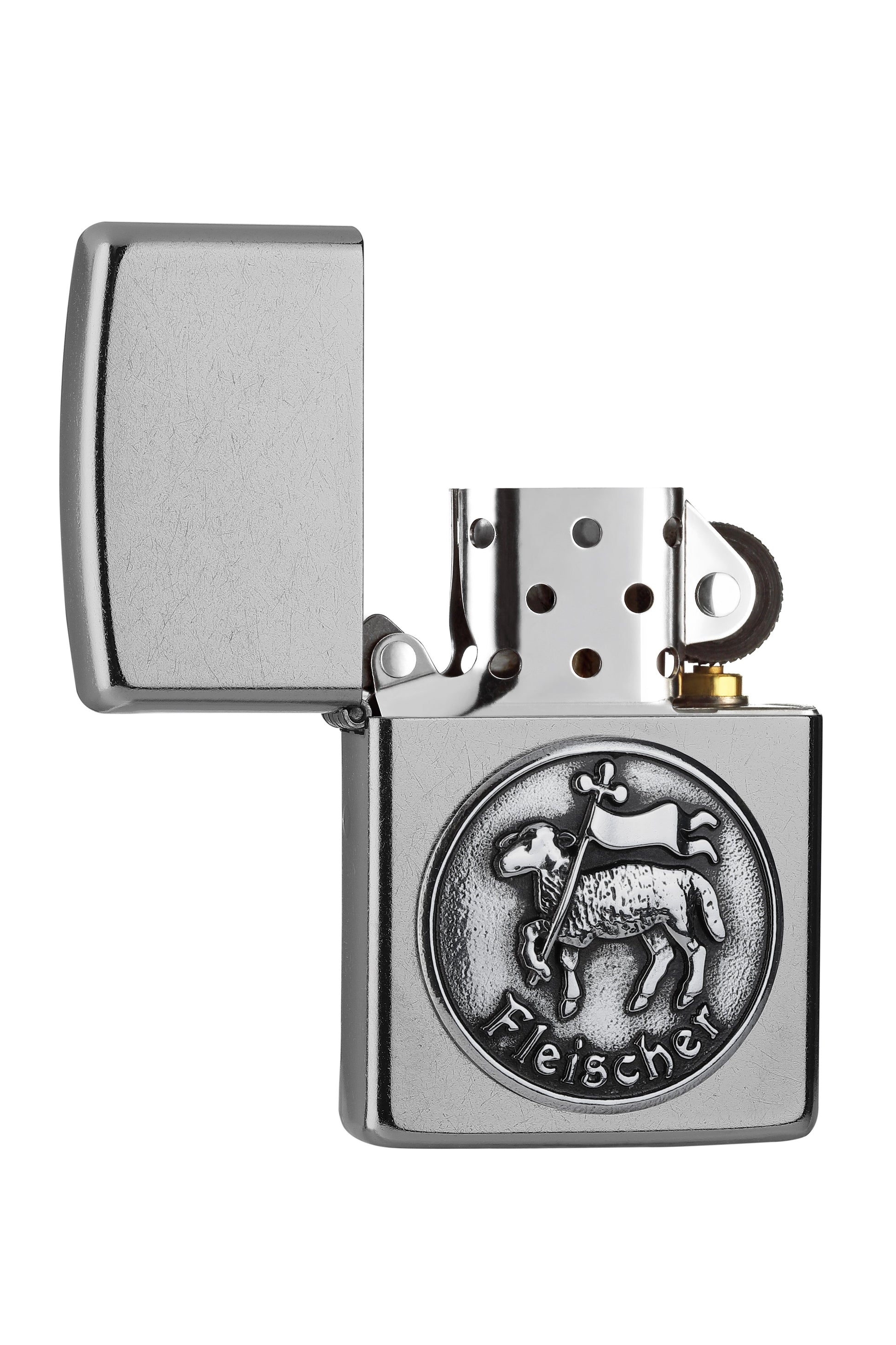 Briquet Zippo chromé emblème de la guilde des bouchers, ouvert
