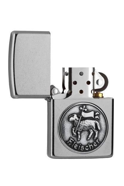 Briquet Zippo chromé emblème de la guilde des bouchers, ouvert