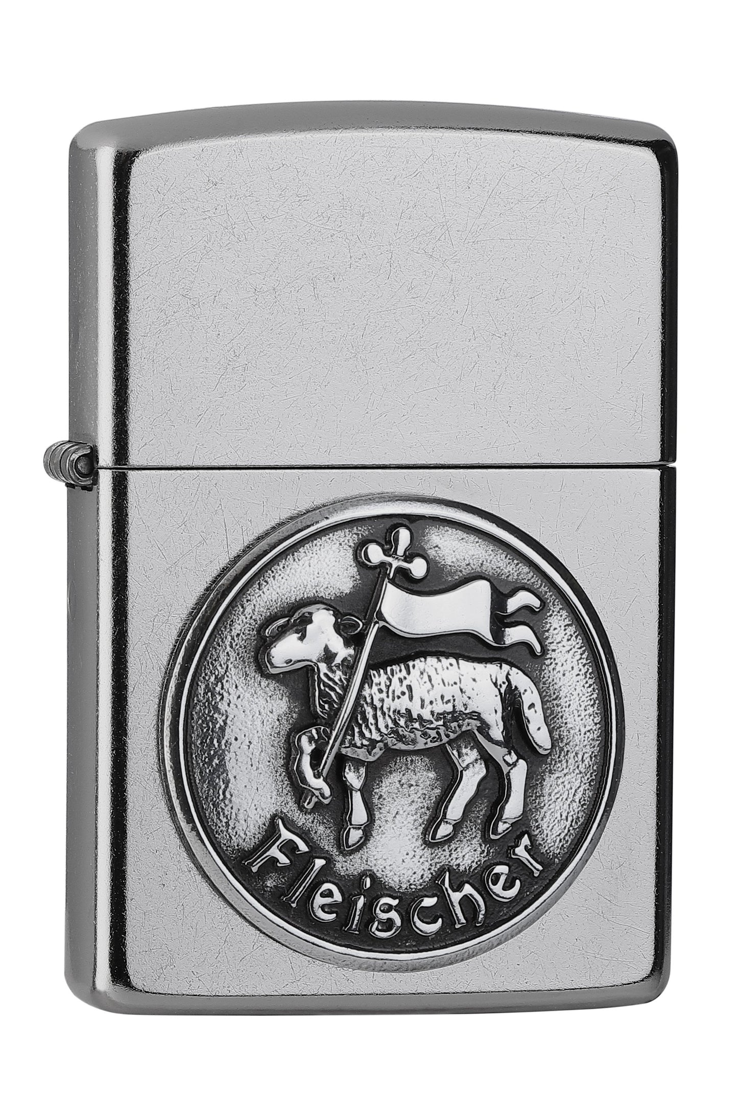 Vue de face 3/4 briquet Zippo chromé emblème de la guilde des bouchers