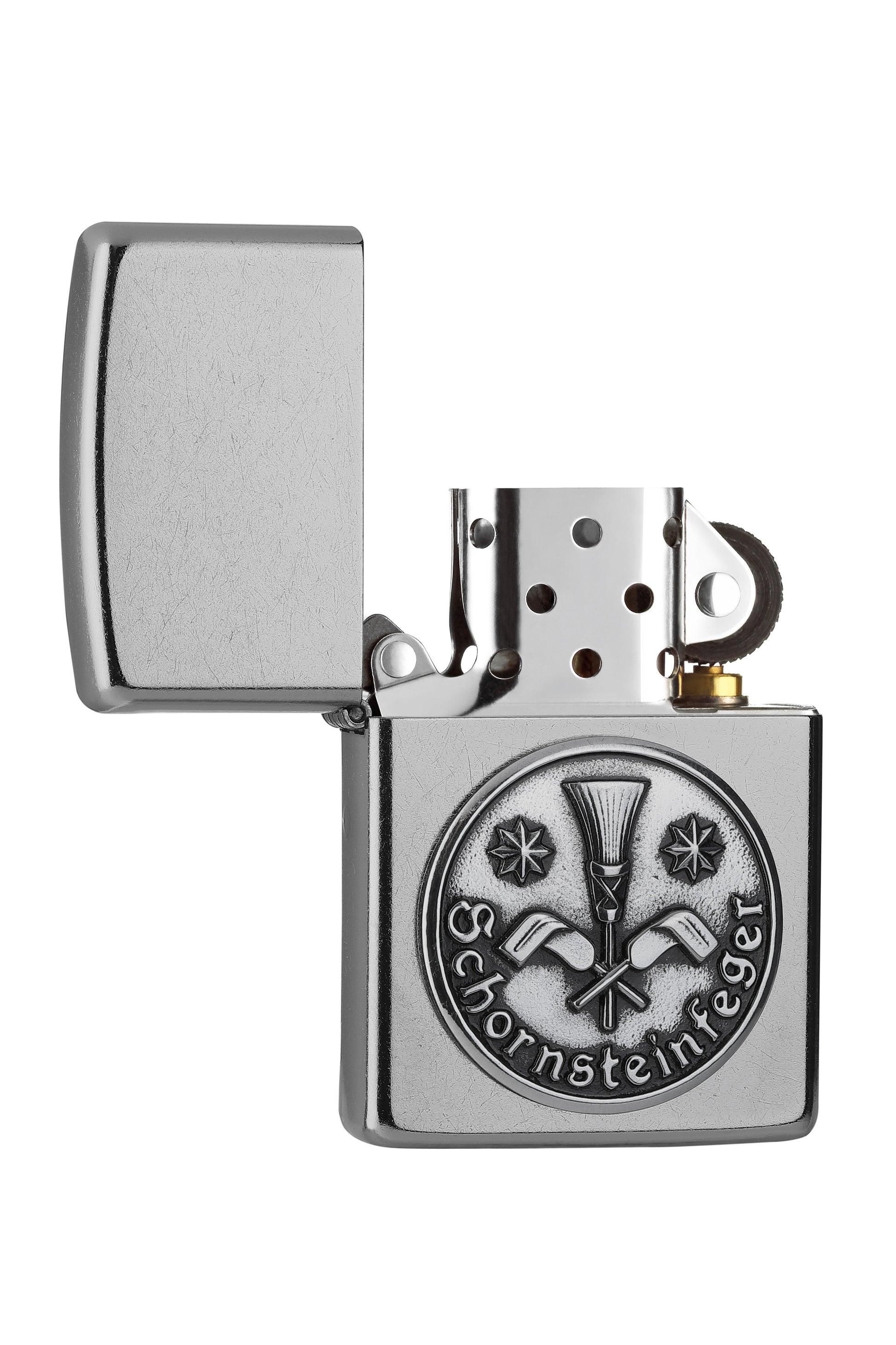 Briquet Zippo chromé emblème de la guilde des ramoneurs, ouvert