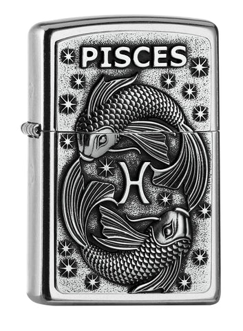 Vue de face 3/4 briquet Zippo Street Chrome signe du zodiaque emblème Poissons avec lettrage Pisces