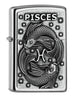Vue de face 3/4 briquet Zippo Street Chrome signe du zodiaque emblème Poissons avec lettrage Pisces