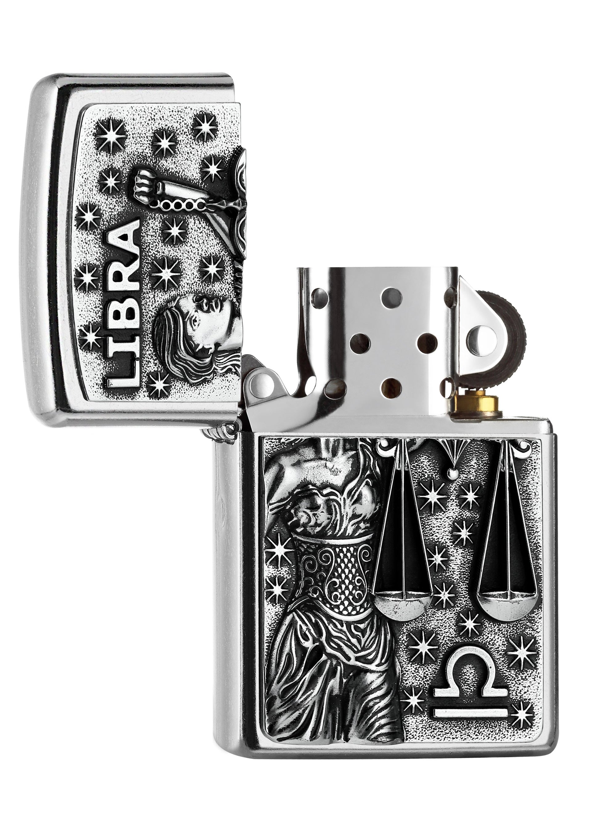 Briquet Zippo vert mat avec gravure anneaux d'arbres et sapins au-dessus, ouvert