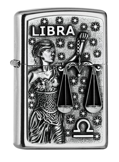 Vue de face 3/4 briquet Zippo signe du zodiaque emblème Balance