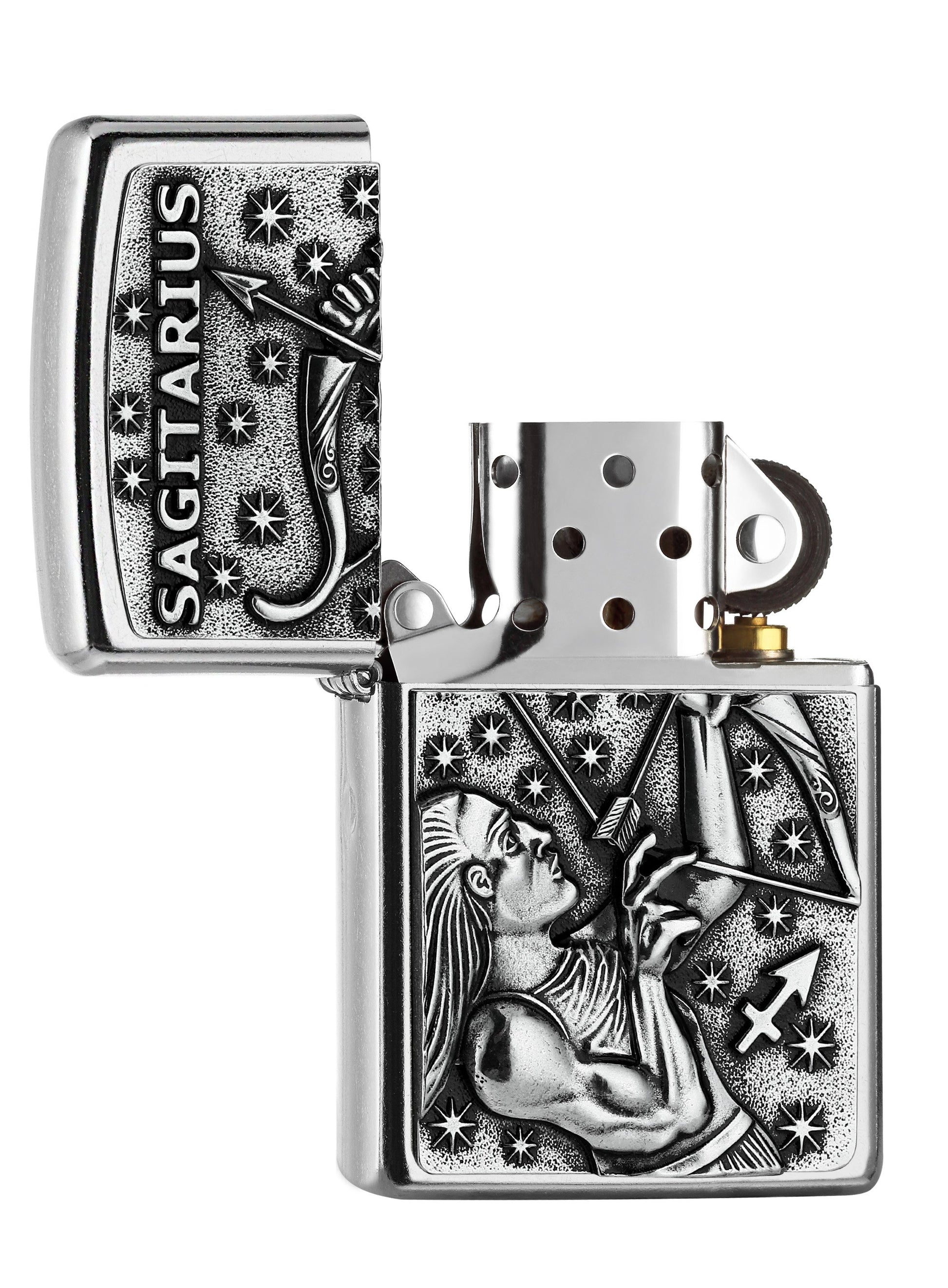Briquet Zippo signe du zodiaque emblème Sagittaire, ouvert