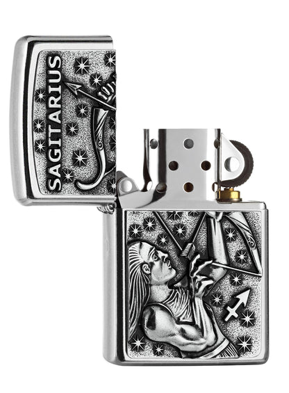 Briquet Zippo signe du zodiaque emblème Sagittaire, ouvert