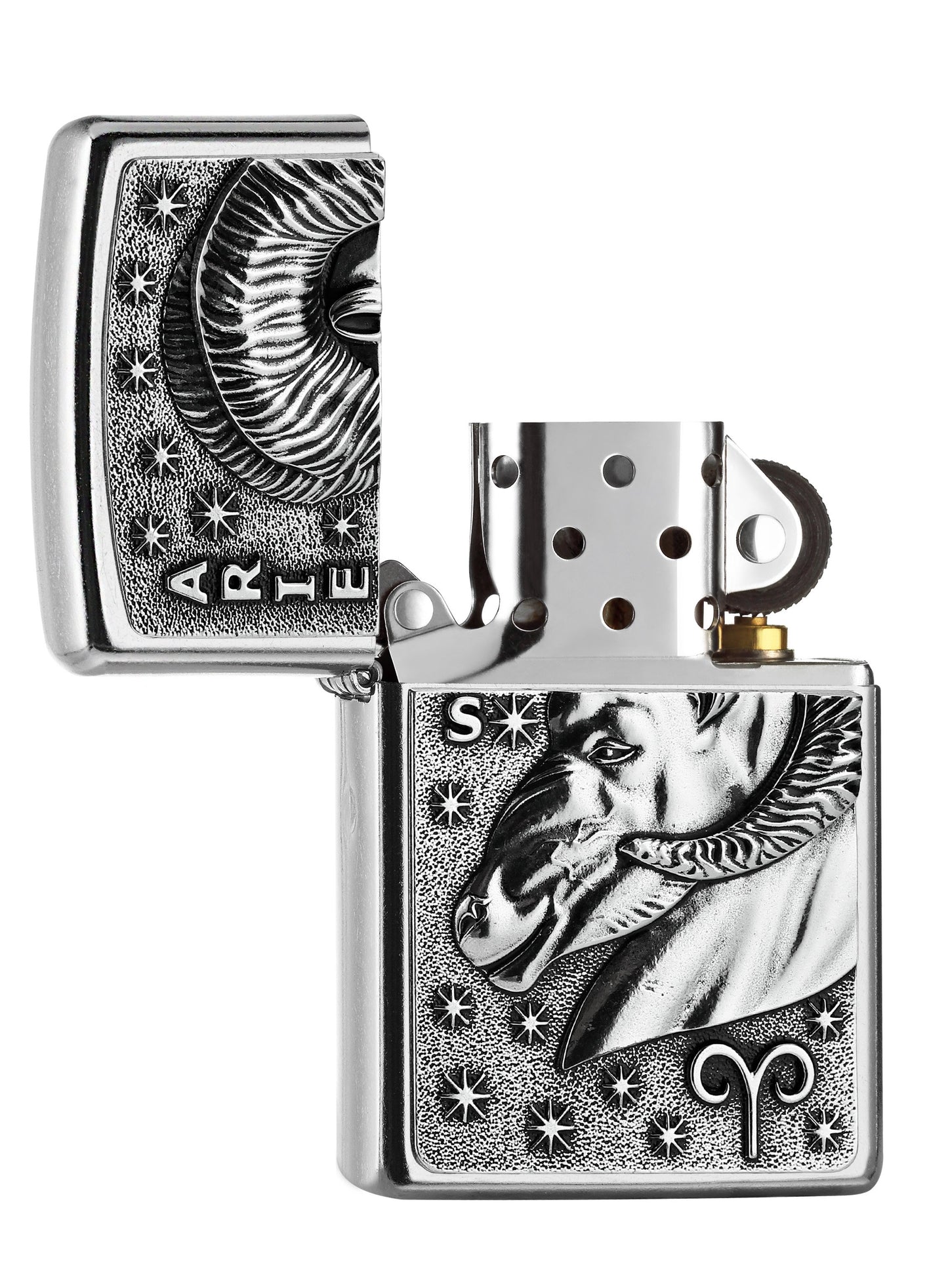Briquet Zippo signe du zodiaque emblème Bélier, ouvert