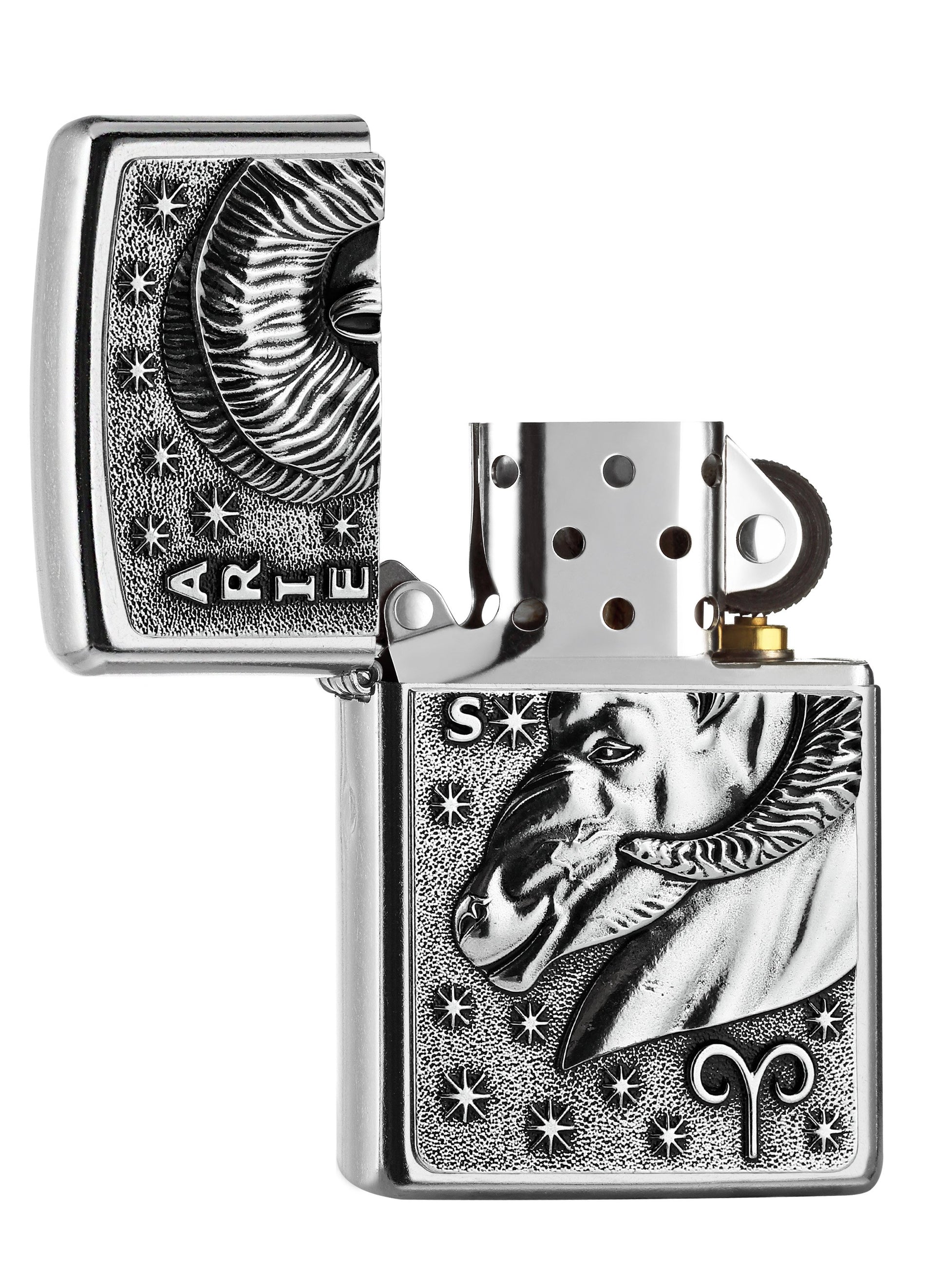 Briquet Zippo signe du zodiaque emblème Bélier, ouvert