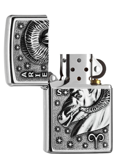 Briquet Zippo signe du zodiaque emblème Bélier, ouvert