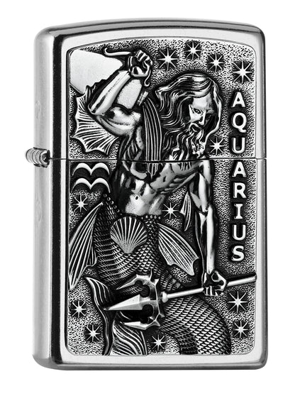Vue de face 3/4 briquet Zippo signe du zodiaque emblème Verseau