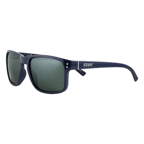 Vista frontal de las gafas de sol Zippo de montura estrecha, rectangulares, azules