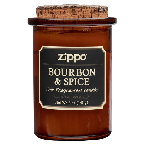 Vue de face bougie Zippo Dark Bourbon and Spice marron avec couvercle en liège