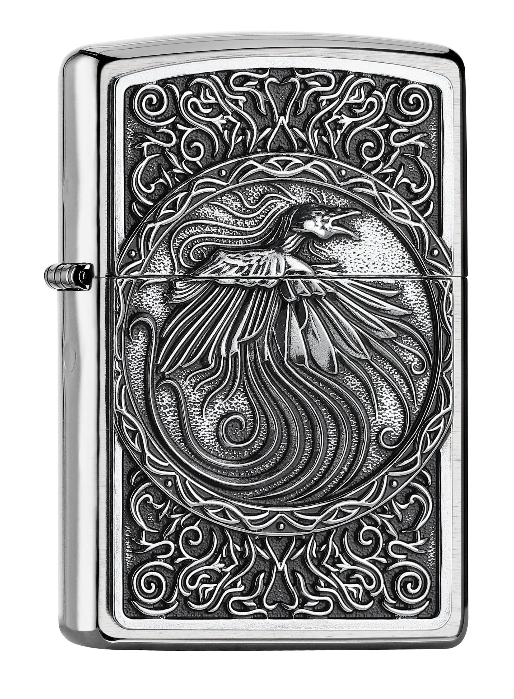 Vue de face 3/4 briquet Zippo chromé phénix encerclé de volutes