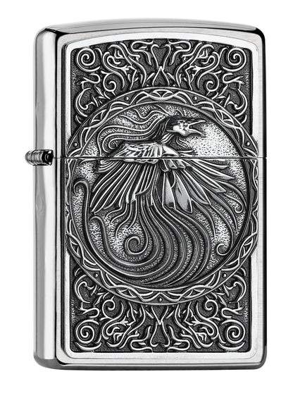 Vue de face 3/4 briquet Zippo chromé phénix encerclé de volutes