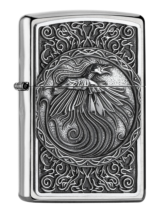 Vue de face 3/4 briquet Zippo chromé phénix encerclé de volutes