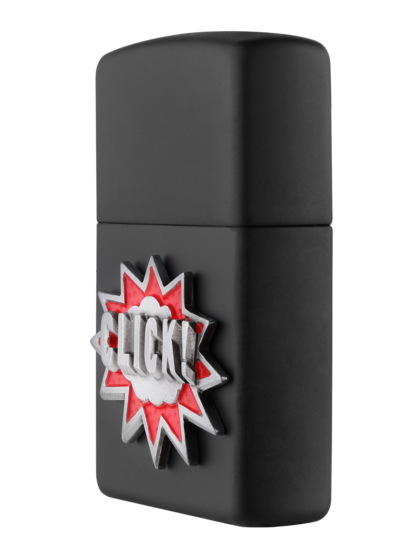 Vue de côté briquet Zippo noir mat avec emblème lettrage Click
